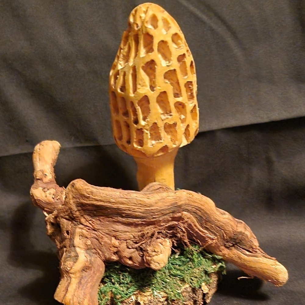 Rustic Morel Mushroom Wood Burned Sculpture - Picture 2 of 2